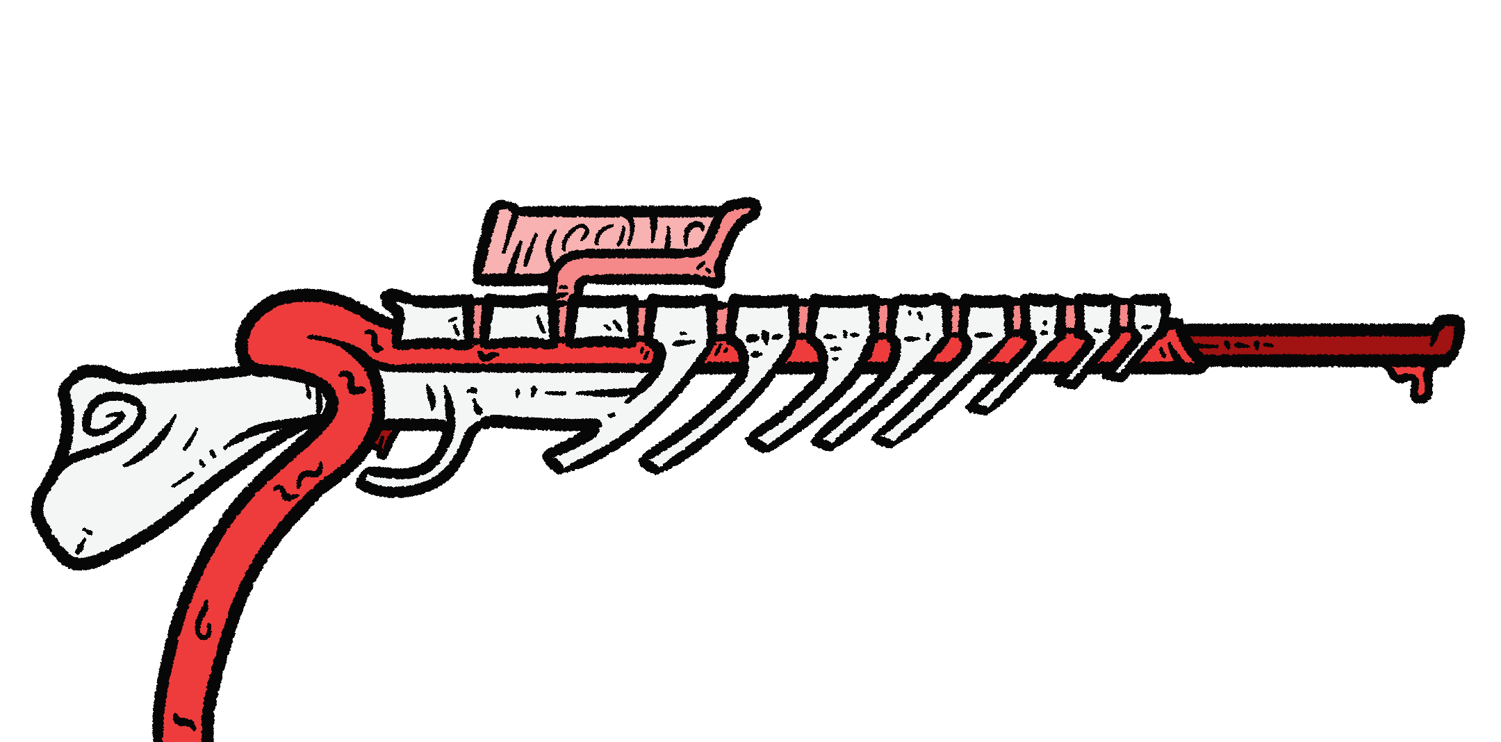 Illustration of a sniper rifle made from flesh and bone. The bone provides structure, while the intestine is fit through the bottom of the bony grip and is fastened beneath a ribcage, until terminating in a bony, bloody barrel. On top lies a fleshy, pink scope.